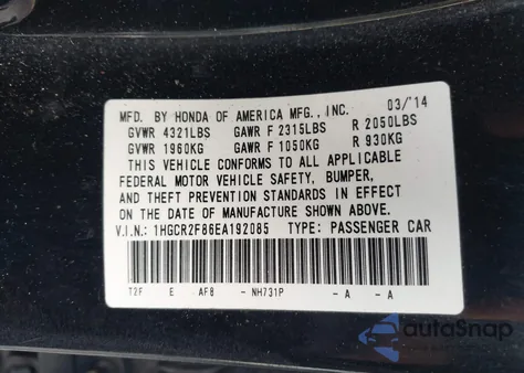 2014 Honda Accord Ex-L from USA, damaged, VIN 1HGCR2F86EA192085